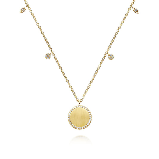 14K Yellow Gold Round Pendant Necklace with Diamond Halo