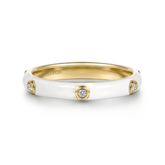 14K Yellow Gold Diamond Split Stackable with White Enamel
