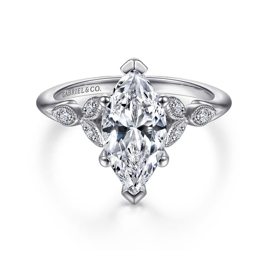 14K White Gold 6 Prong Marquise Shape Diamond Engagement Ring