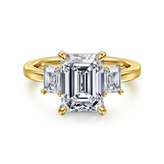 14K Yellow Gold Emerald Cut Three Stone Diamond Engagement Ring