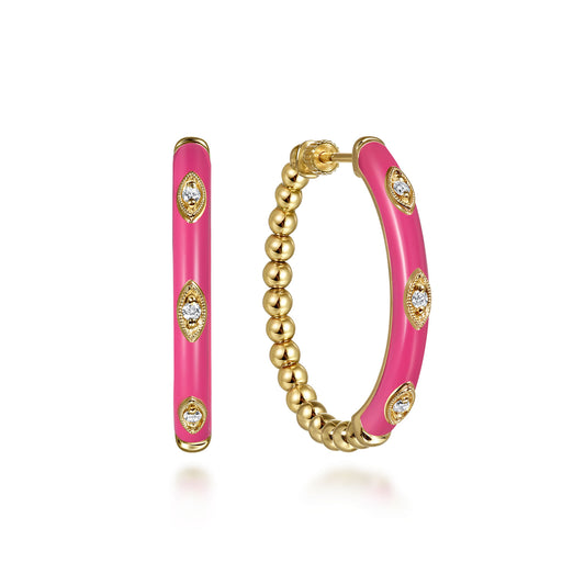 14K Yellow Gold Bujukan Beads and Diamond Split Classic Hoop with Fuchsia Enamel