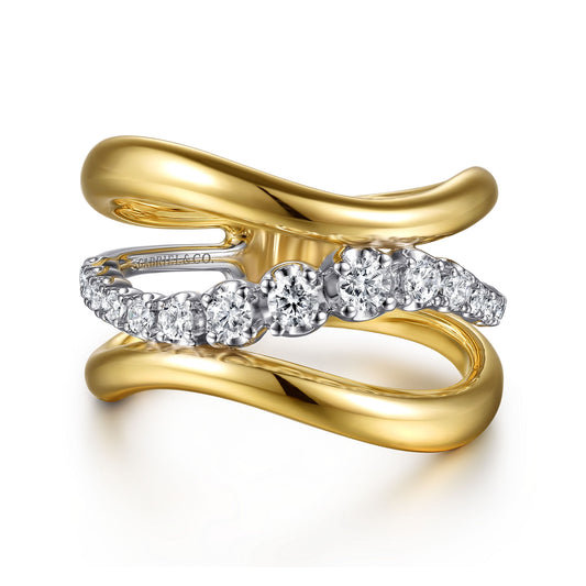 14K White & Yellow Gold Diamond Wave Wide Band Ring