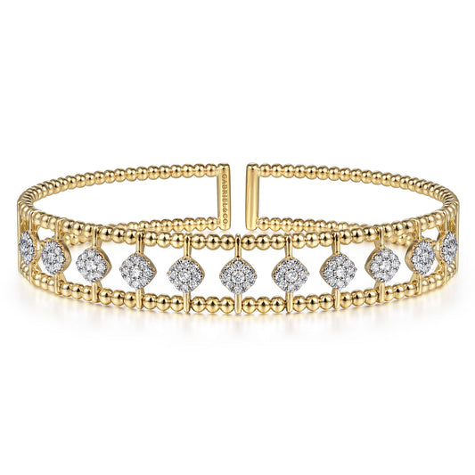 14K Yellow Gold Bujukan Bead Cuff Bracelet With Diamond Cluster and Bezel Connectors