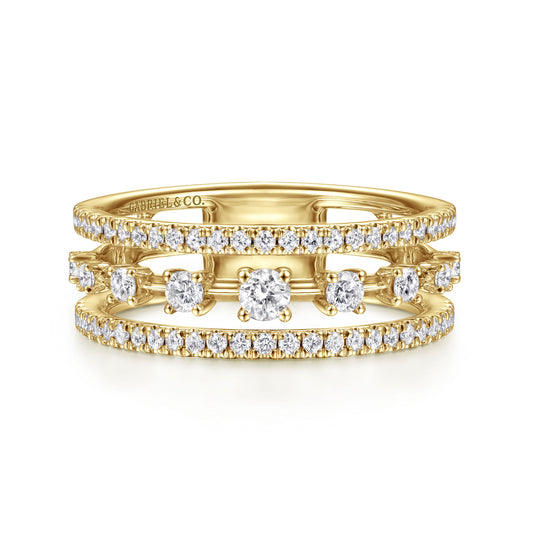 14K Yellow Gold Three Row Diamond Station Ring