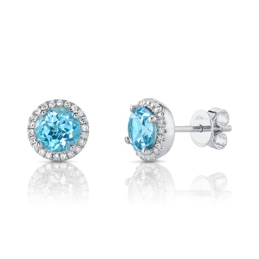 White Gold Blue Topaz Diamond Halo Studs