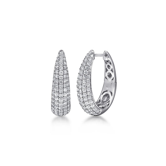 14K White Gold Pave Diamond Graduating Classic Oval Hoop Earrings