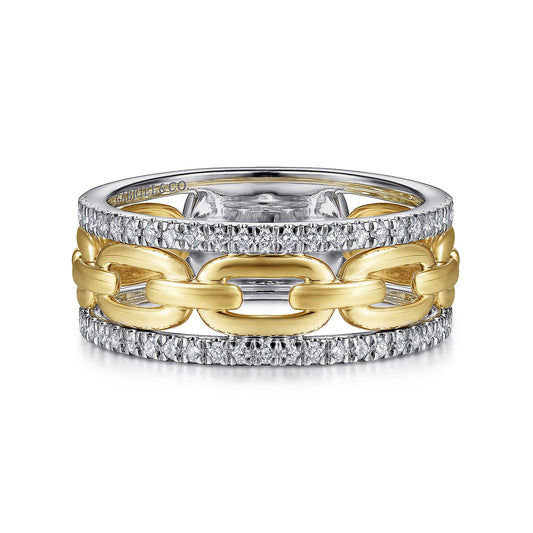 14K White-Yellow Gold Chain Link Diamond Border Ring