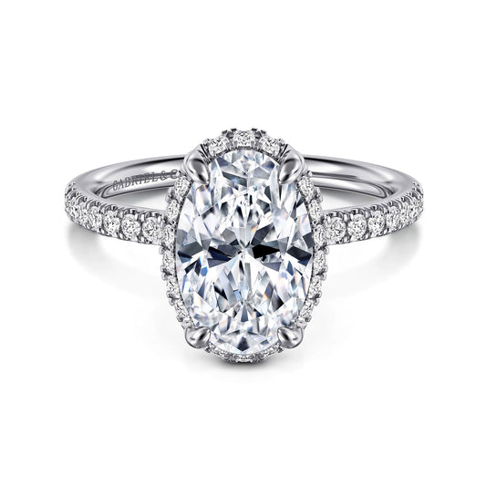 14K White Gold Oval Hidden Halo Diamond Engagement Ring