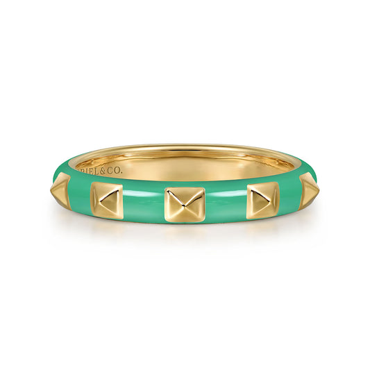 14K Yellow Gold Pyramid Stackable with Mint Green Enamel