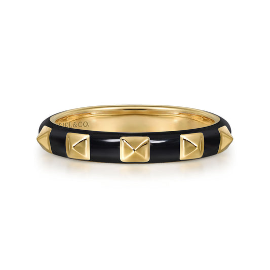 14K Yellow Gold Pyramid Stackable with Black Enamel