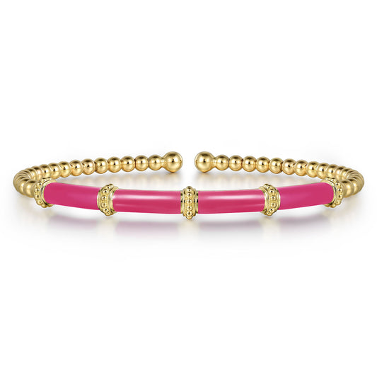 14K Yellow Gold Bujukan and Bar Split Bangle with Fuchsia Enamel