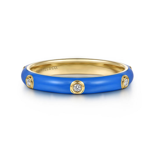 14K Yellow Gold Diamond Split Stackable with Blue Enamel