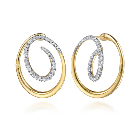 14K Yellow Gold Diamond Swirl Bypass Hoop Earrings