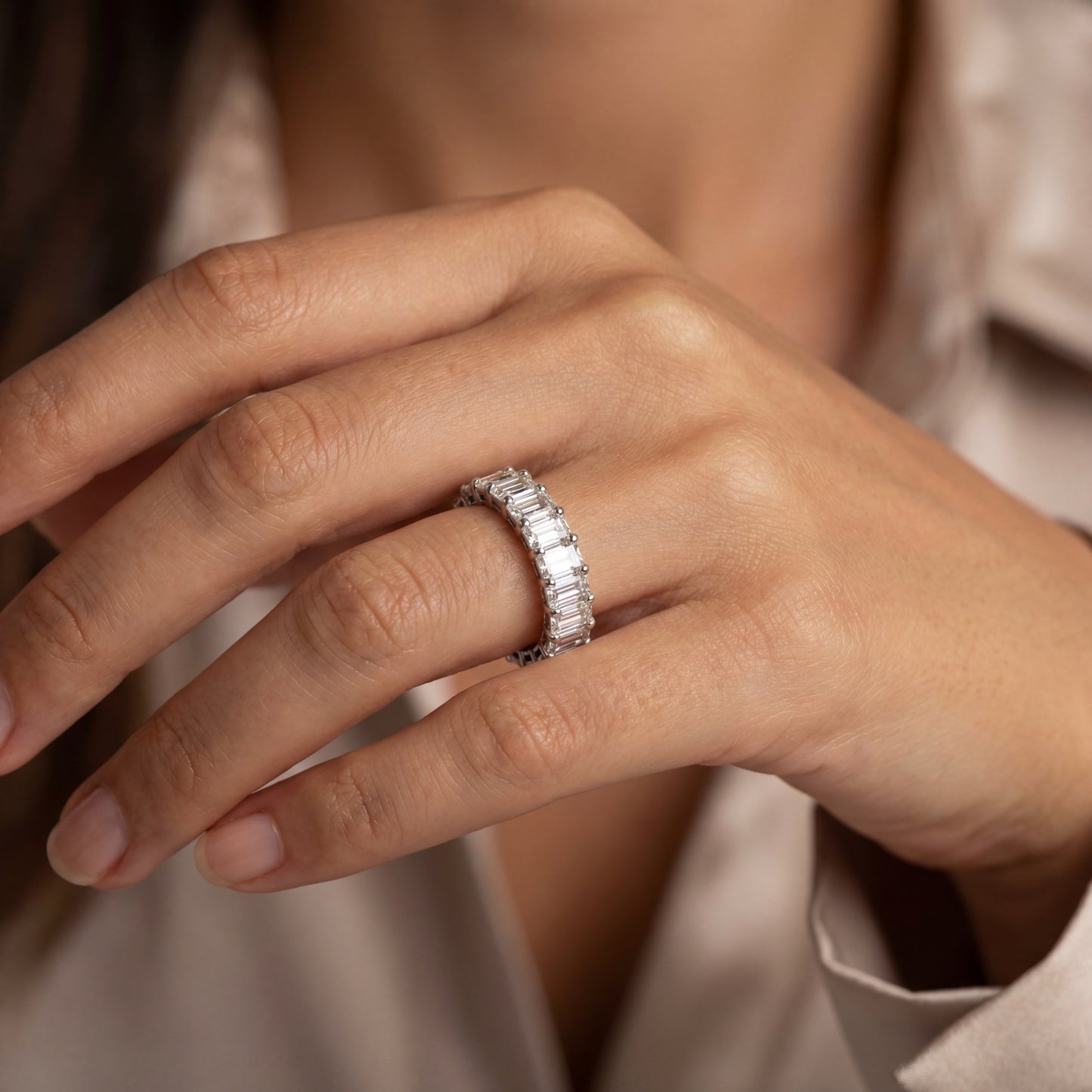 14k White Gold Emerald Cut Eternity Band