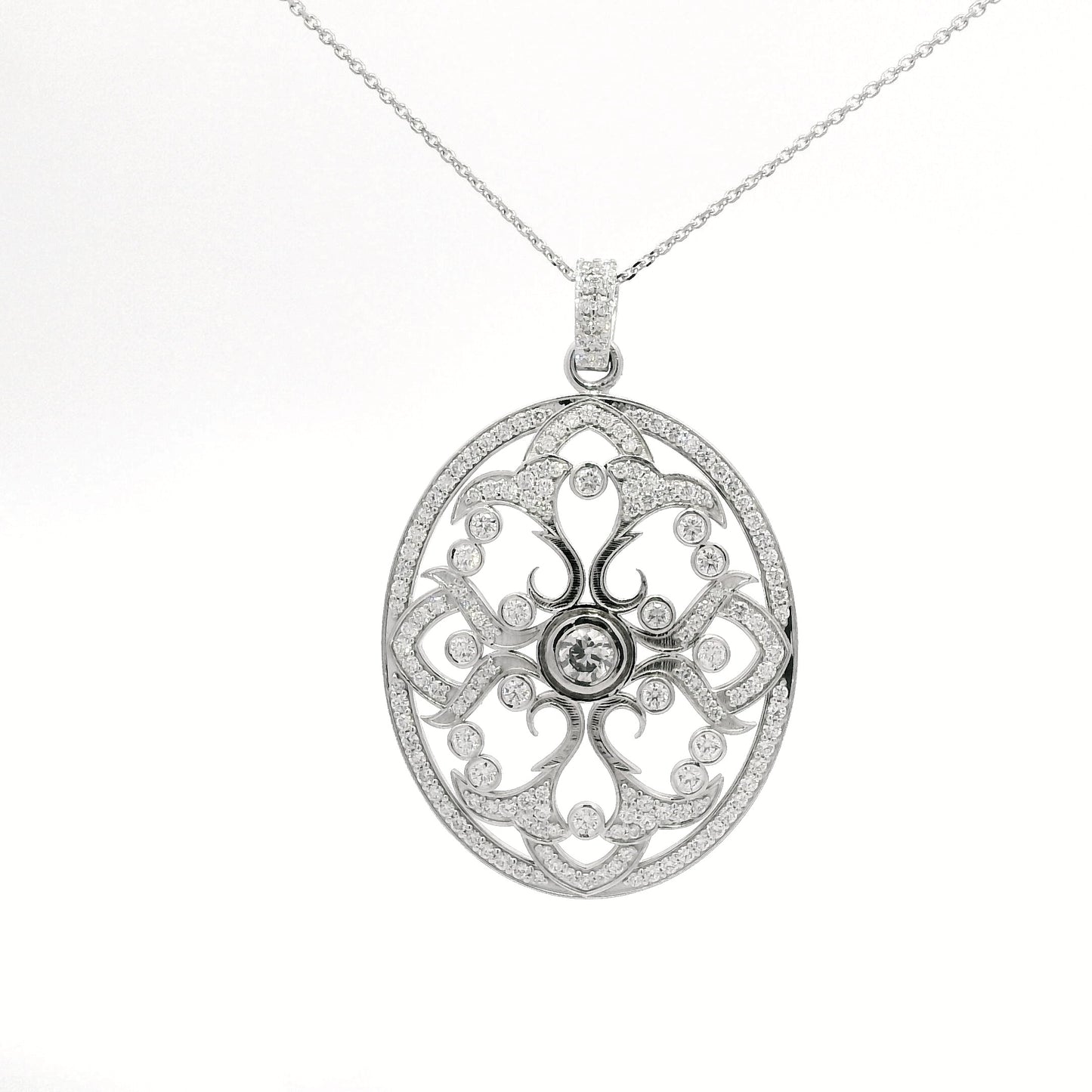 14k white gold oval filigree medallion pendant