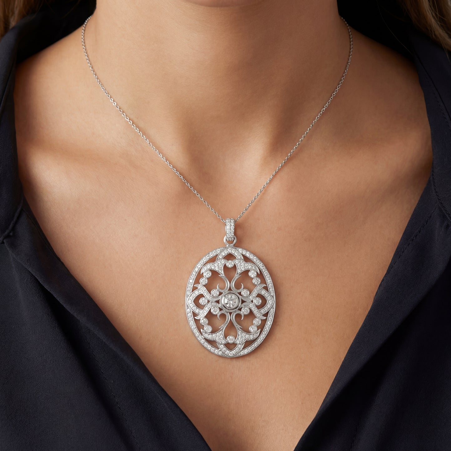 14k white gold oval filigree medallion pendant