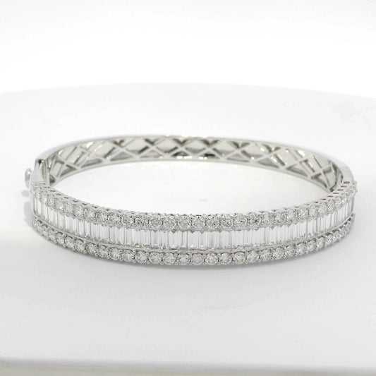 18k White Gold 3 Row Bangle With Round And Baguette Diamonds