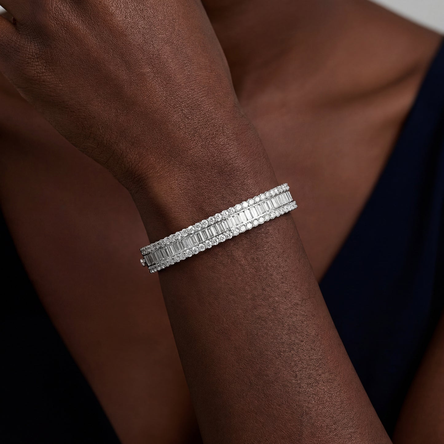 18k White Gold 3 Row Bangle With Round And Baguette Diamonds