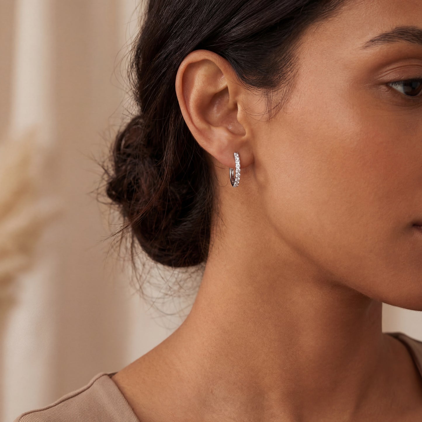 14K White Gold Diamond Hoops