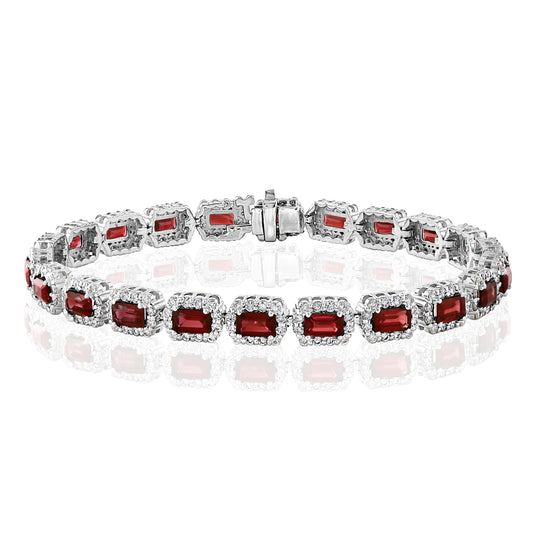 14k White Gold Ruby and Diamond Halo Bracelet