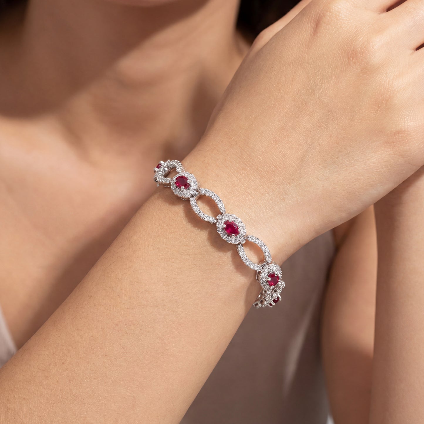 14k White Gold Ruby and Diamond Oval Link Bracelet.