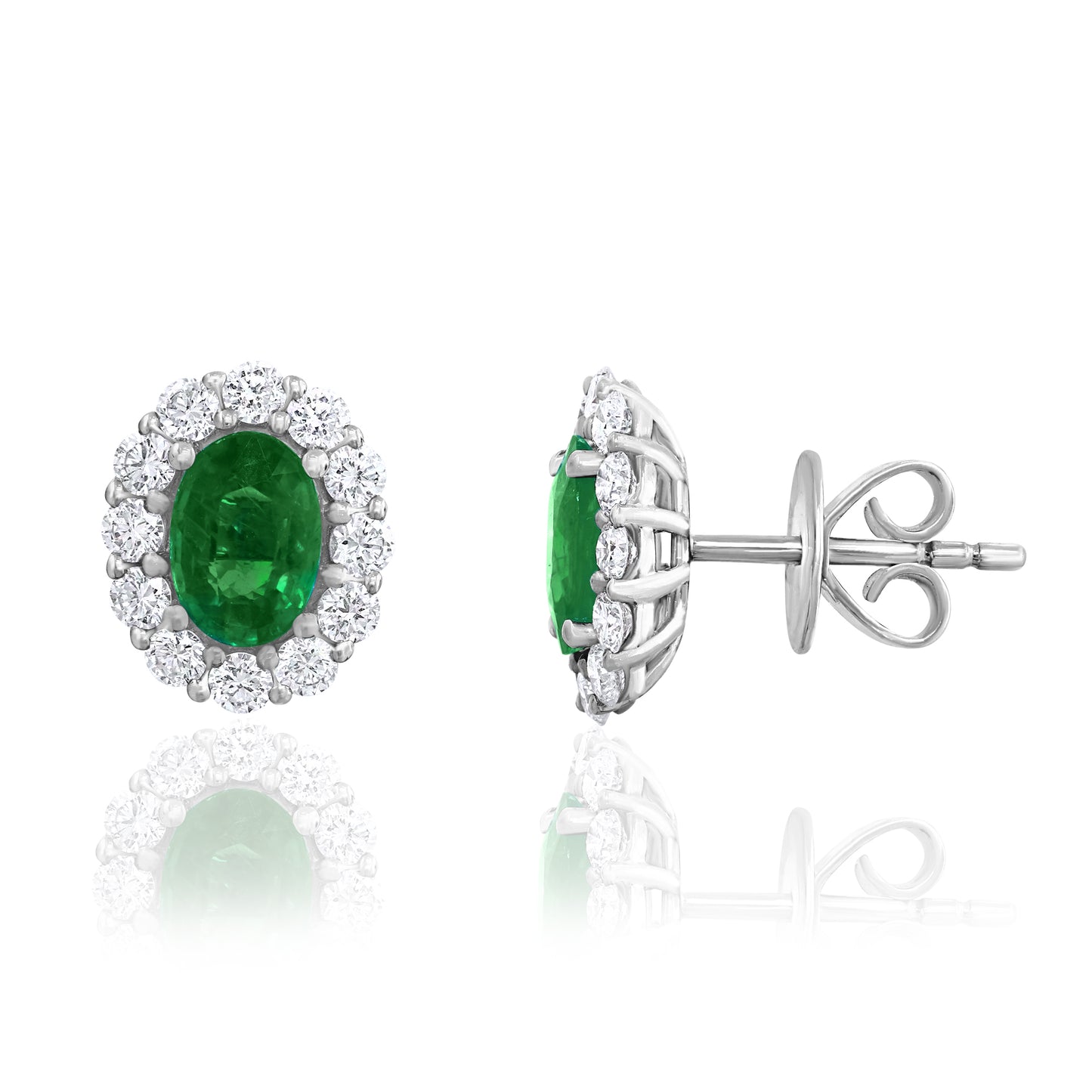 18k White Gold Emerald and Diamond Halo Studs.