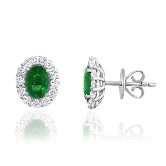 18k White Gold Emerald and Diamond Halo Studs.