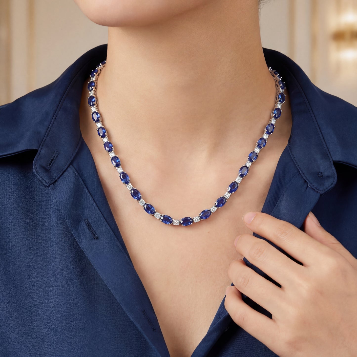 14k White Gold Sapphire and Diamond Tennis Necklace