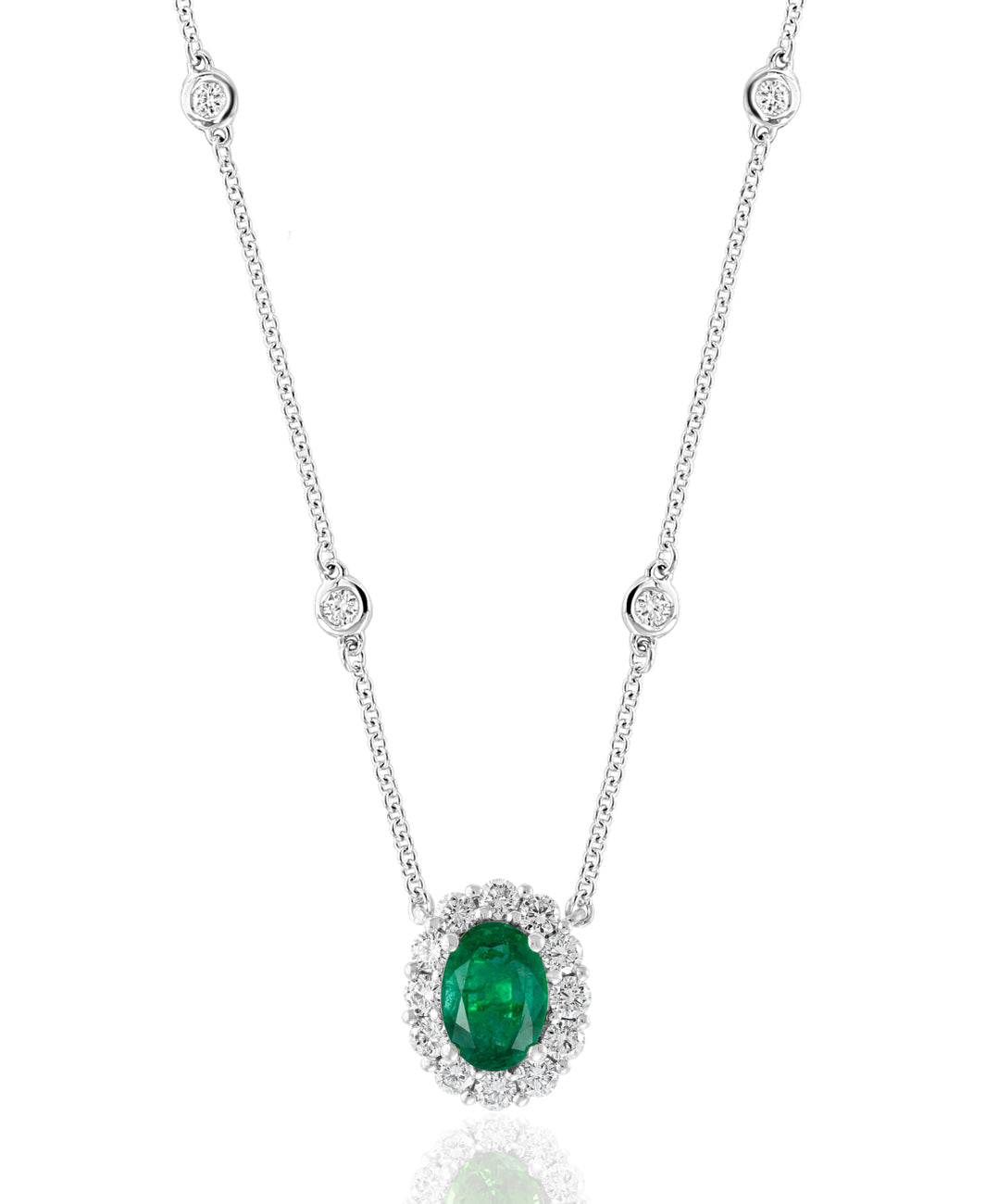 14K White Gold Emerald and Diamond Halo Necklace