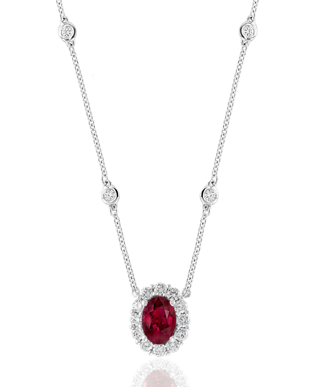 14K White Gold Ruby and Diamond Halo Necklace