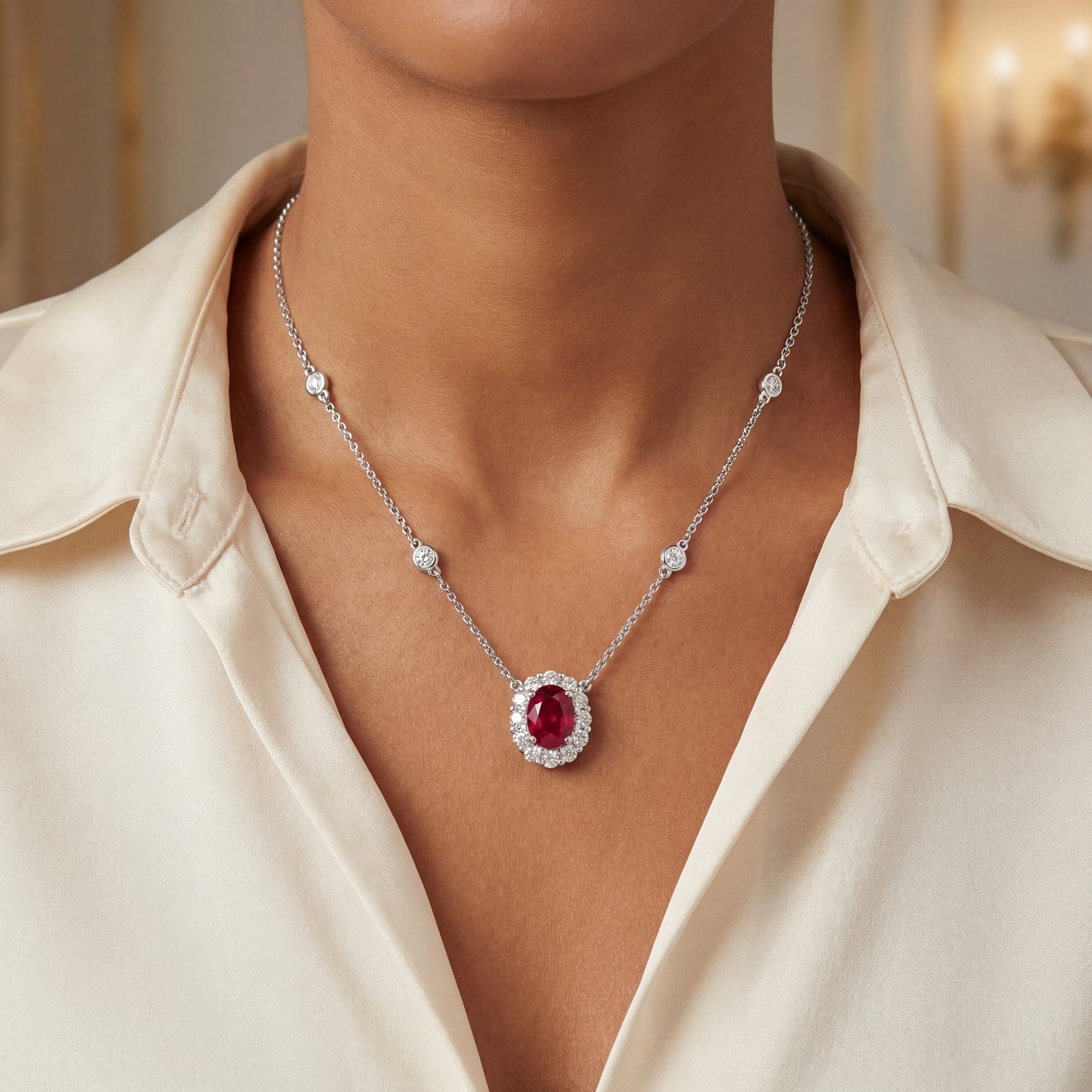 14K White Gold Ruby and Diamond Halo Necklace
