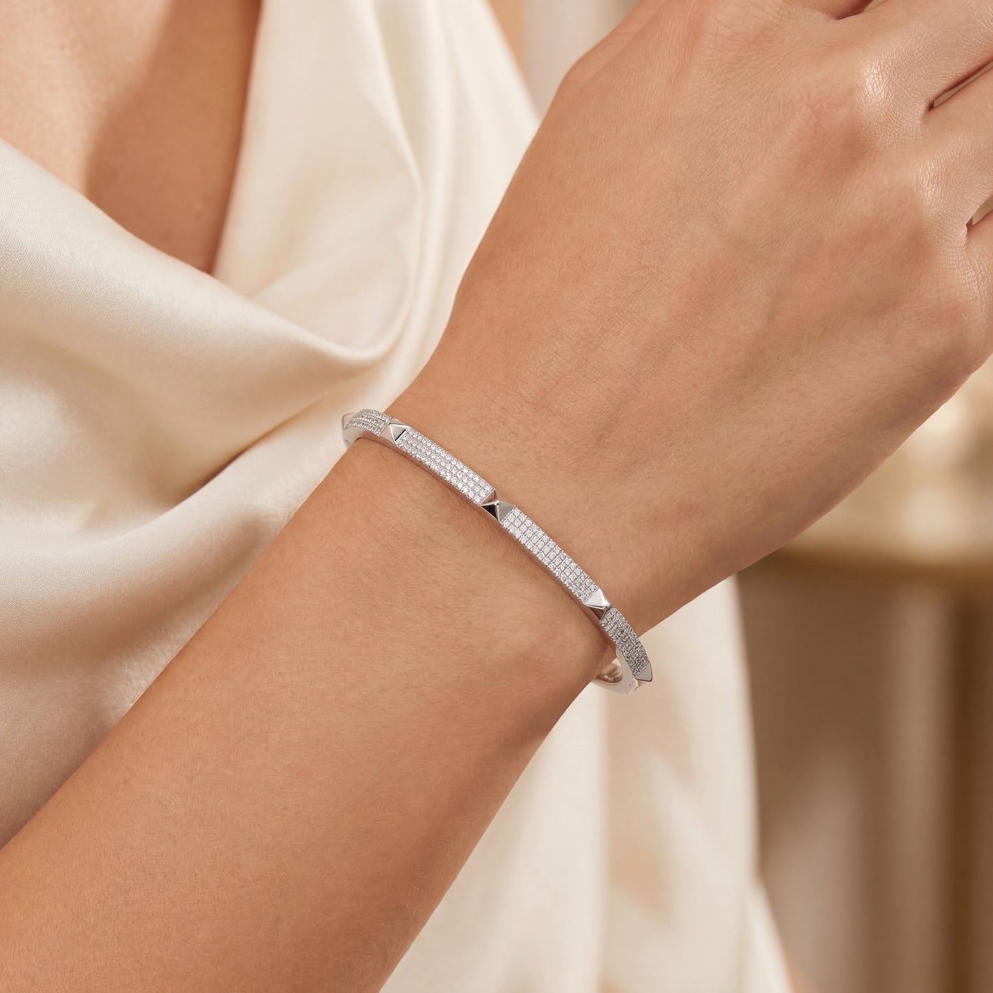 14K White Gold Pyramid Style Diamond Bangle