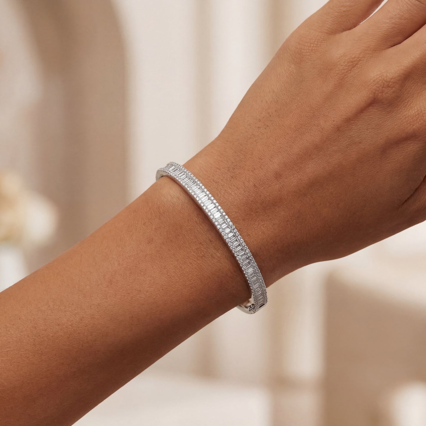 14K White Gold Three Row Diamond Bangle