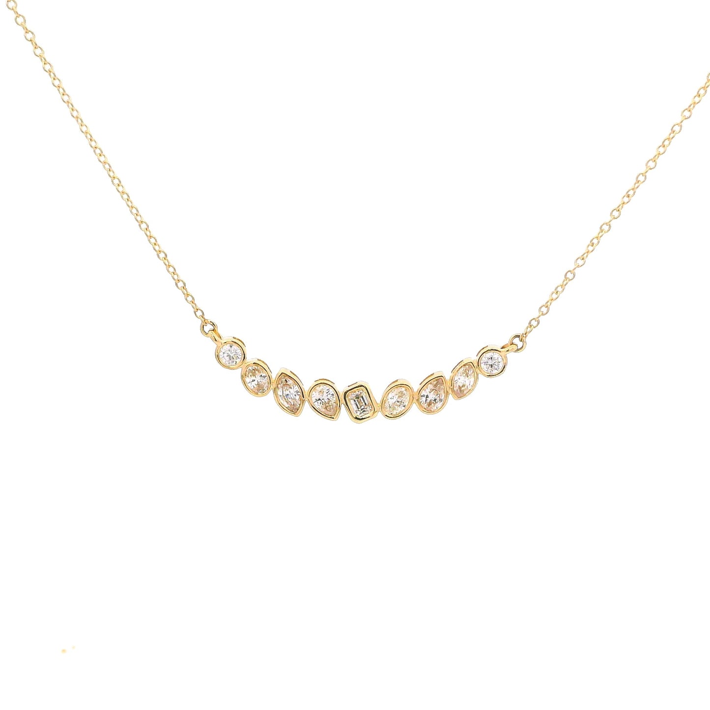 Yellow gold multi shape diamond necklace.