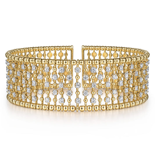 14K Yellow Gold Bujukan Bead Cuff Bracelet with Diamond Stations