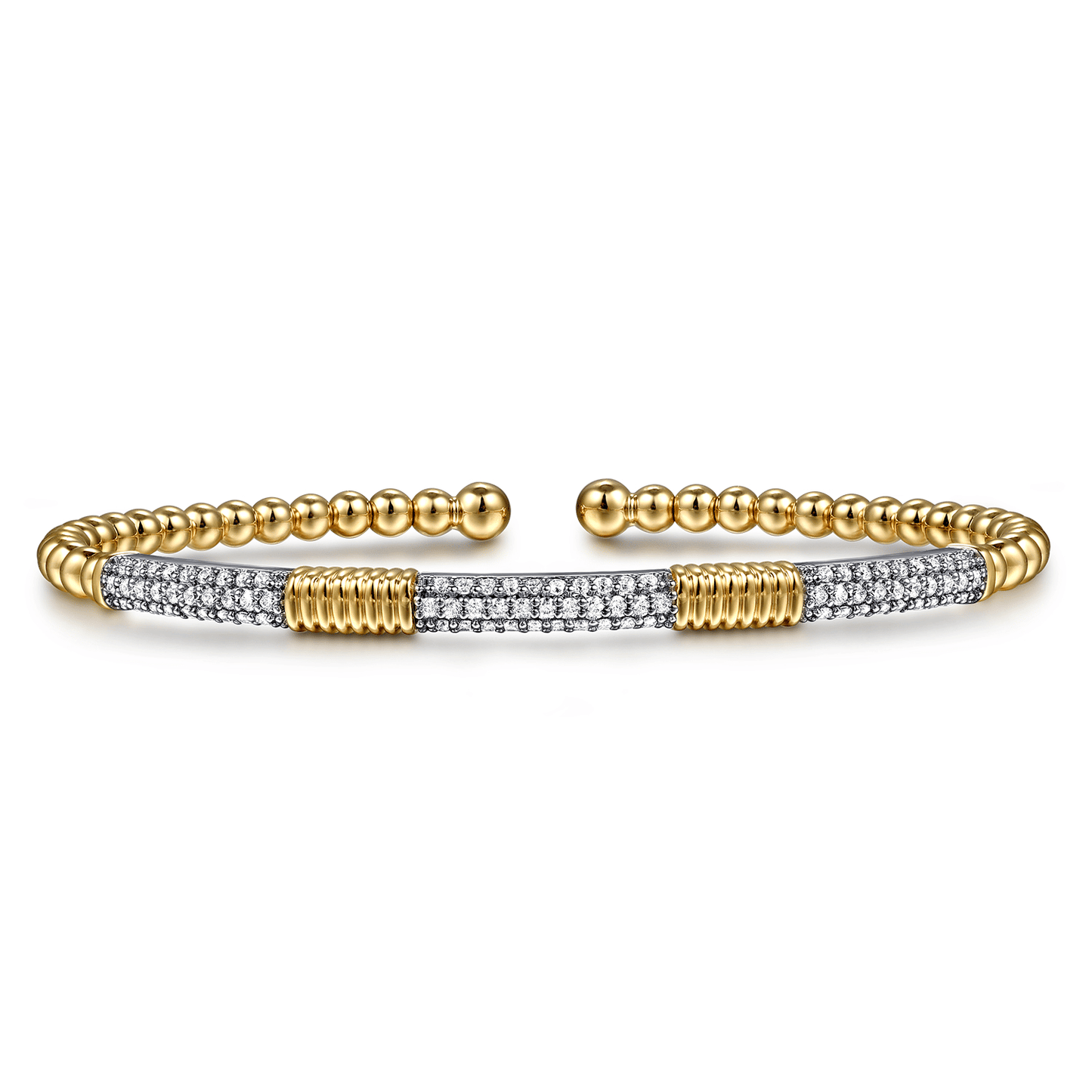 14K White &Yellow Gold Bujukan Beads and Diamond Station Split Bangle Bracelet