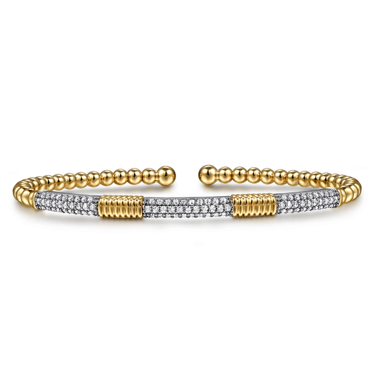 14K White &Yellow Gold Bujukan Beads and Diamond Station Split Bangle Bracelet