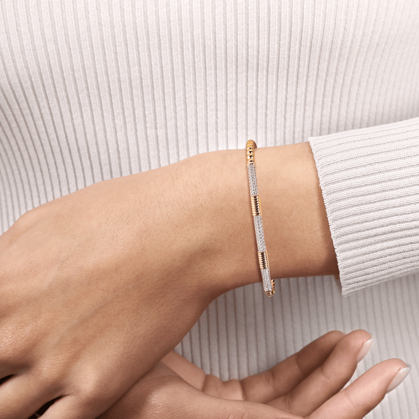 14K White &Yellow Gold Bujukan Beads and Diamond Station Split Bangle Bracelet
