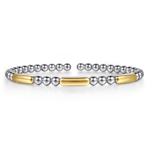 14K Yellow Gold and 925 Sterling Silver Three Station Bar Bujukan Bangle Bracelet
