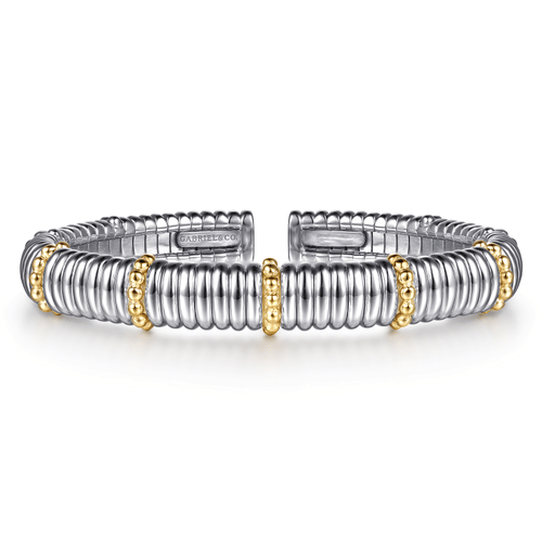 14K Yellow Gold and 925 Sterling Silver Shrimp Texture Bujukan Split Bangle Bracelet