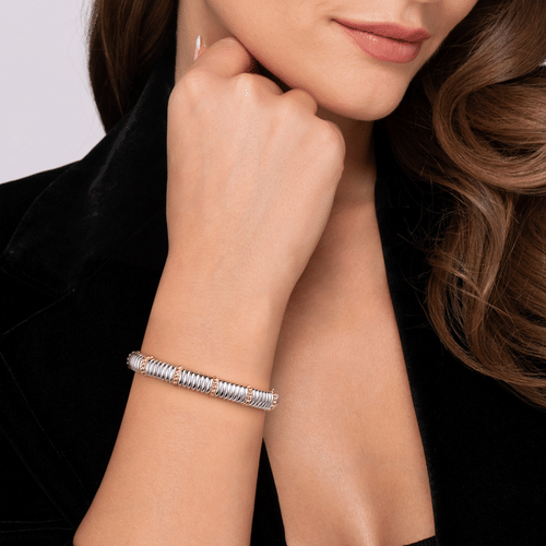 14K Yellow Gold and 925 Sterling Silver Shrimp Texture Bujukan Split Bangle Bracelet