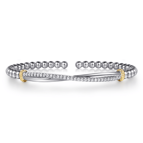 14K Yellow Gold and 925 Sterling Silver Bujukan Beaded White Sapphire Cuff Bangle Bracelet