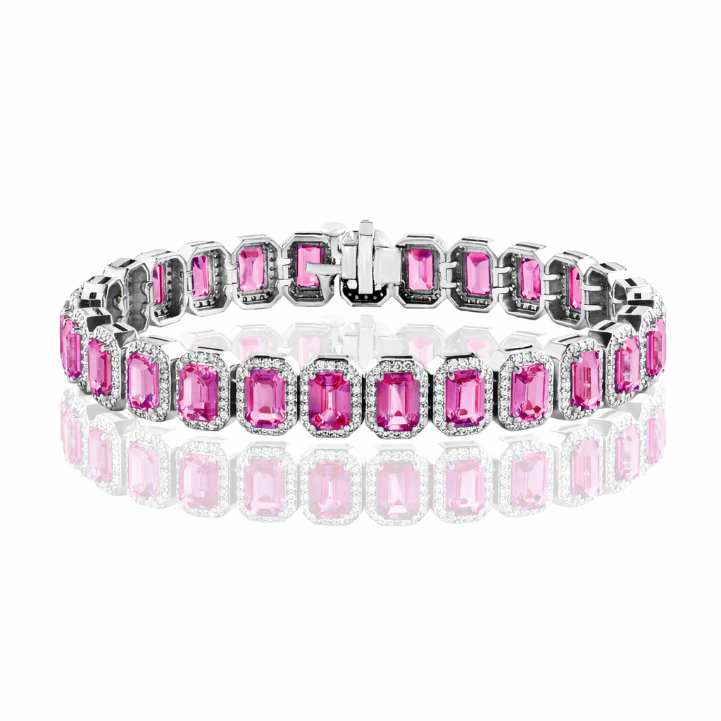 14k white gold emerald cut pink sapphire diamond halo bracelet
