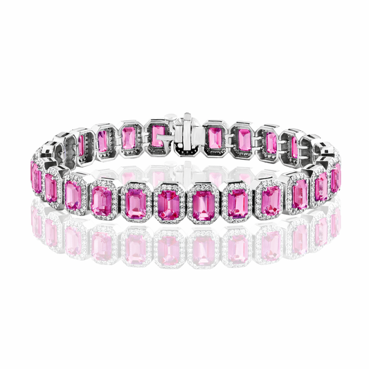 14k white gold emerald cut pink sapphire diamond halo bracelet