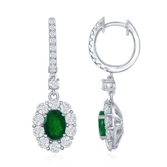 Emerald and Diamond Halo Drop Earrings