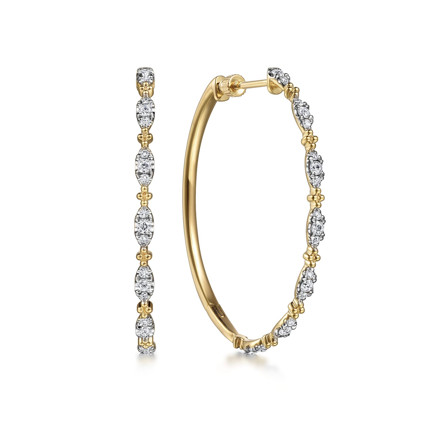14K Yellow Gold Diamond Intricate Hoop Earrings.