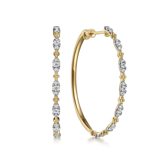 14K Yellow Gold Diamond Intricate Hoop Earrings.