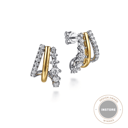 J Hoop Earrings 14K White and Yellow Gold Diamond