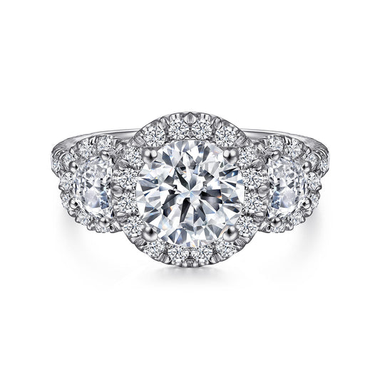 18K White Gold Round Three Stone Halo Diamond Engagement Ring