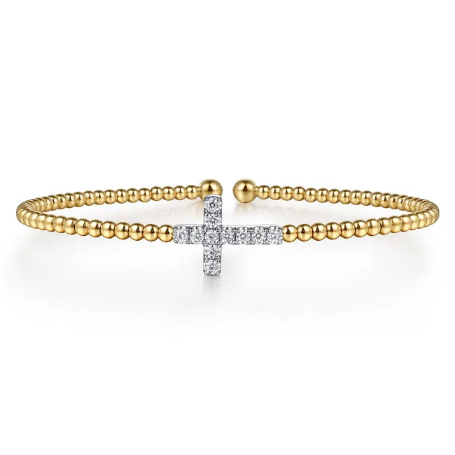 14K White & Yellow Gold Bujukan and Diamond Cross Split Bangle Bracelet